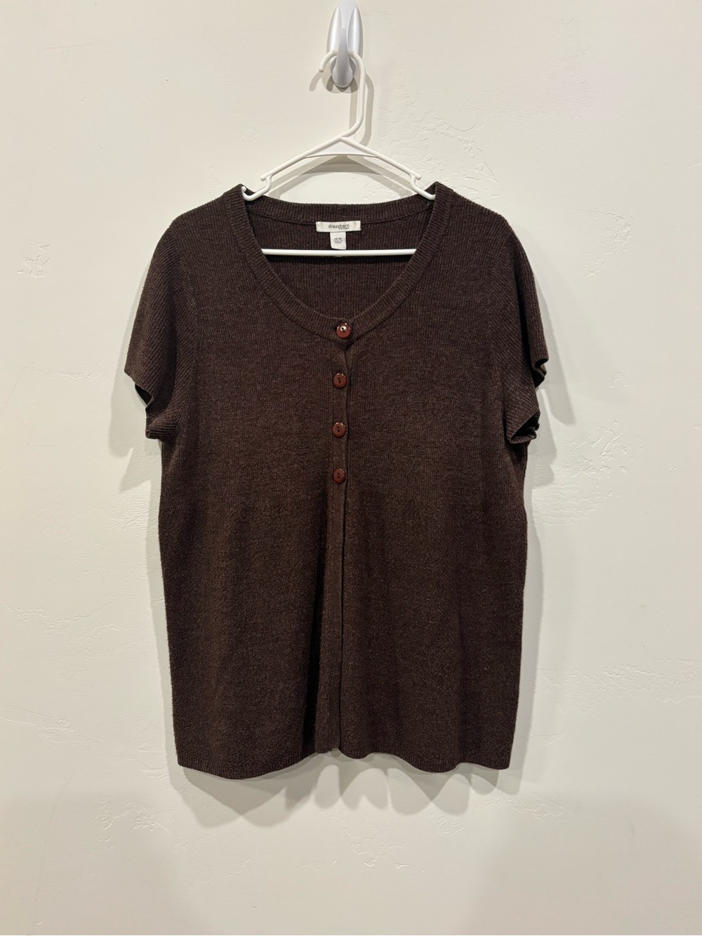 dressbarn Short-Sleeve Button Front Knit Top in Dark Brown